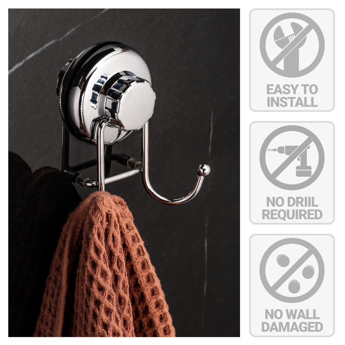 HASKO accessories - Powerful Vacuum Suction Cup Hooks - Organizer for Towel, Bathrobe and Loofah - Strong Stainless Steel Towel Hooks for Bathroom & Kitchen, Towel Hanger Storage (2 Pack)