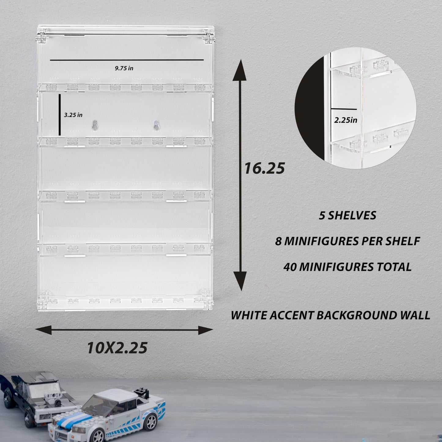 Homelodge Acrylic Minifigure Display Case - Wall Mount Mini Figure Storage Shelves with White Background - Holds 40 Tall Minifigs - Clear Shelf Box for Large Minifigures - Stands & Extra Accessories
