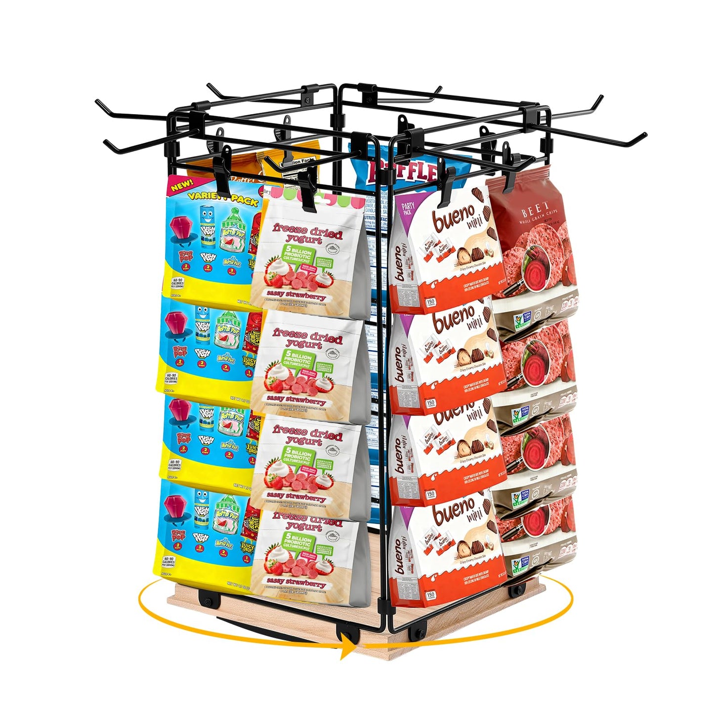 Koocoot 4-Tier 360 Rotating Chip Rack Display Stand with 32 Clips & 8 Hooks, Metal Countertop Snack & Candy Display Rack Organizer for Store, Party, Retail