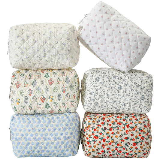 Sunnymove 6 Pcs 8 Inch Large Quilted Makeup Bag Bulk Floral Cosmetic Bag Bridesmaid Gifts Women Floral Cotton Quilted Pouch Travel Toiletry Coquette Aesthetic Makeup Organizer for Women