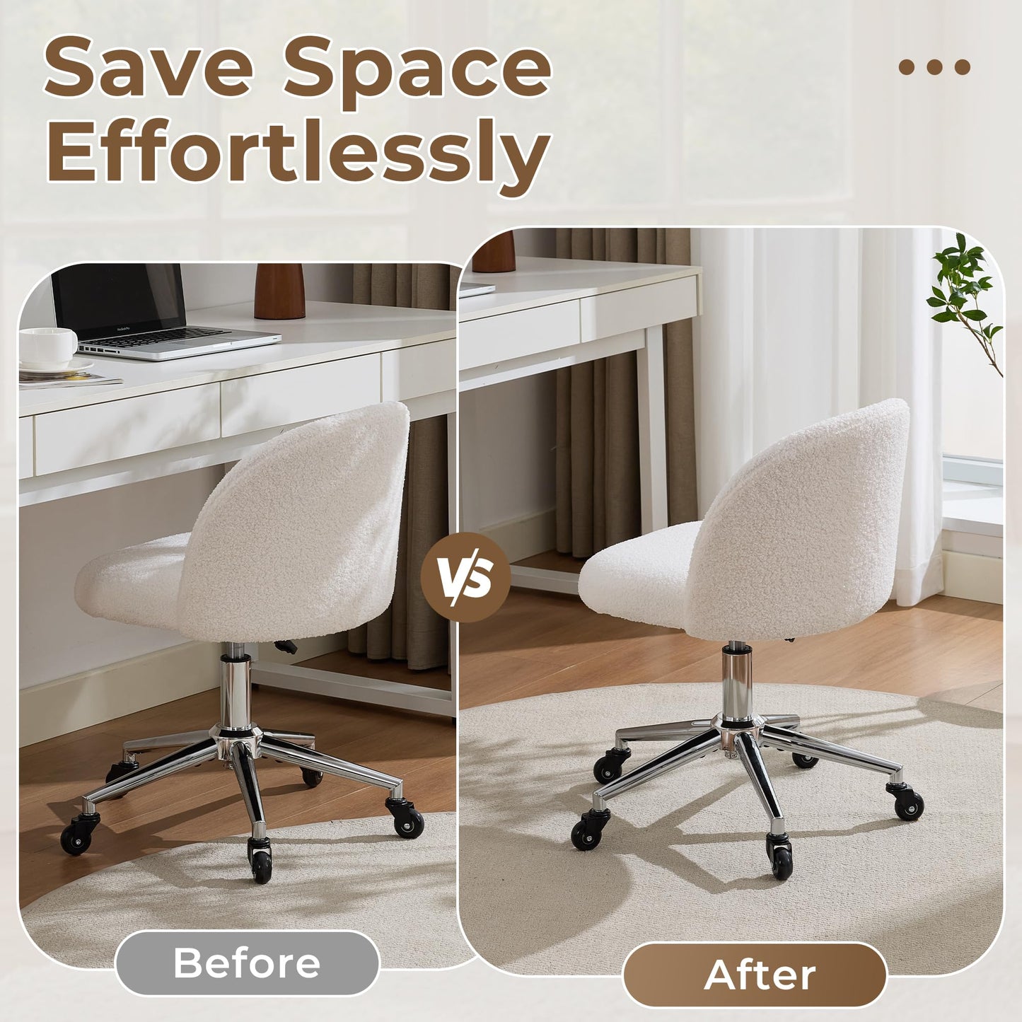 Forfutra Home Office Chair with Quiet Wheels - Armless Vanity Chair Vanity Stool, 360 Swivel Height Adjustable White