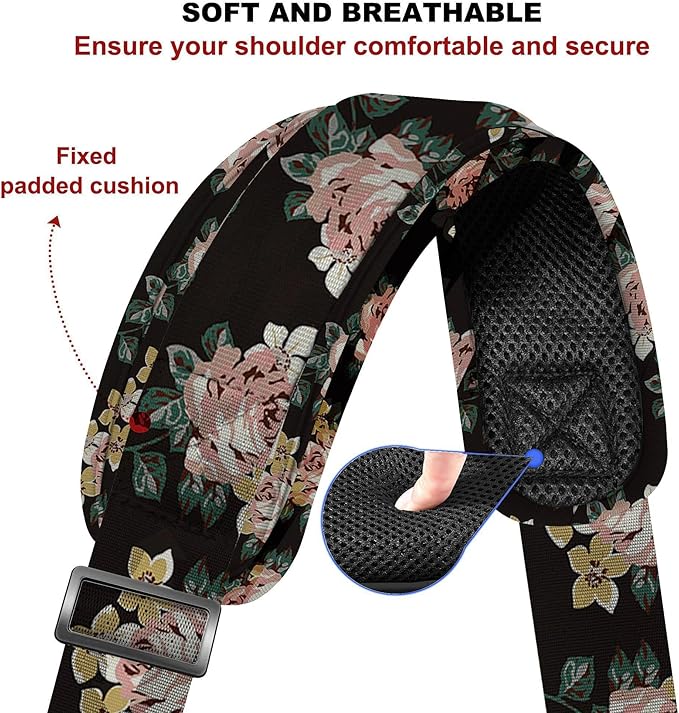 ZINZ 60" Universal Bag Strap with Ultra-Thick Fixed Breathable Pad Adjustable Heavy-Duty Shoulder Strap for Laptop Bag Crossbody Luggage Gym Bag Camera Bag and More,Black Flower