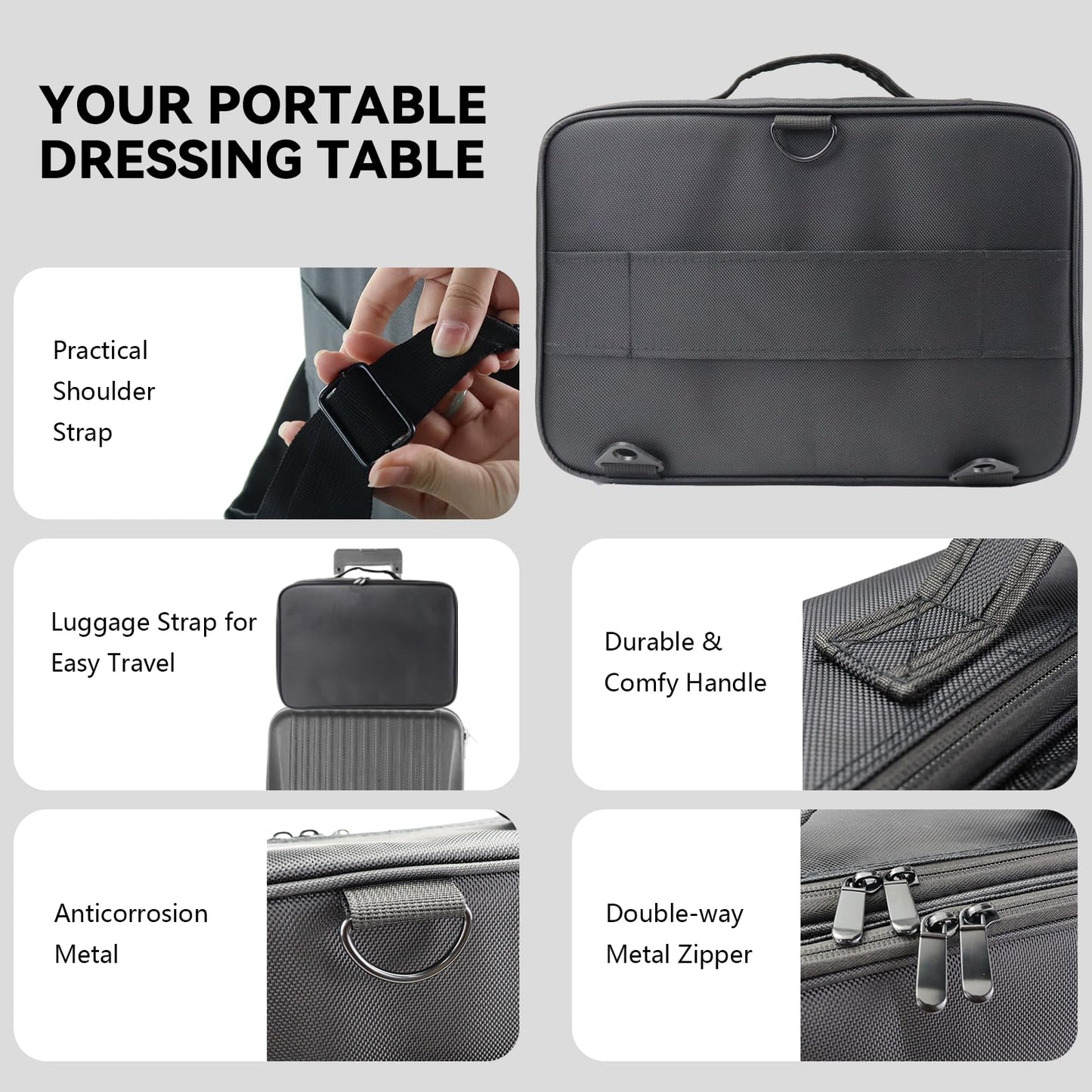 MORMID Travel Makeup Train Case Cosmetic Case Organizer Portable Artist Storage Bag with Adjustable Dividers for Cosmetics Makeup Brushes Toiletry Jewelry Digital Accessories（black,L）
