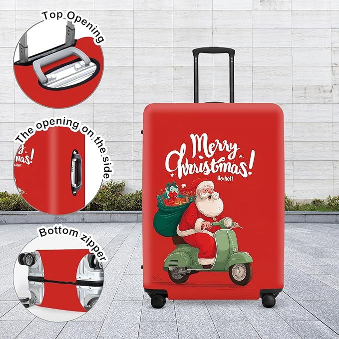 Santa on Scooter Luggage Cover - Christmas Riding Green Scooter with Gifts, Whimsical Modern Holiday Design for 24 26 Inch Travel