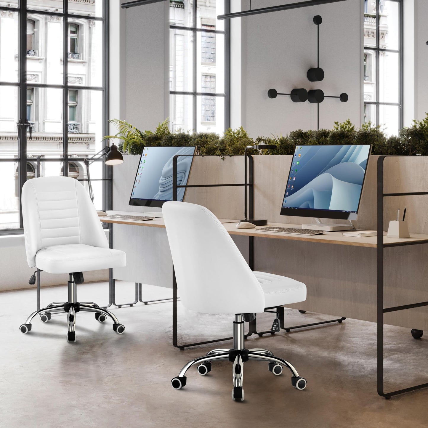 Yaheetech Mid Back PU Leather Armless Desk Office Chair, Modern Vanity Chair with Rolling Wheels, Metal Base White