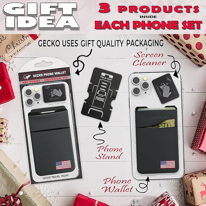 Gecko Travel Tech Double Pocket - Adhesive Card Holder - Cell Phone Pouch - Stick on Spandex Pocket - Carry Credit Cards and Cash (USA FLAG - GRAY)