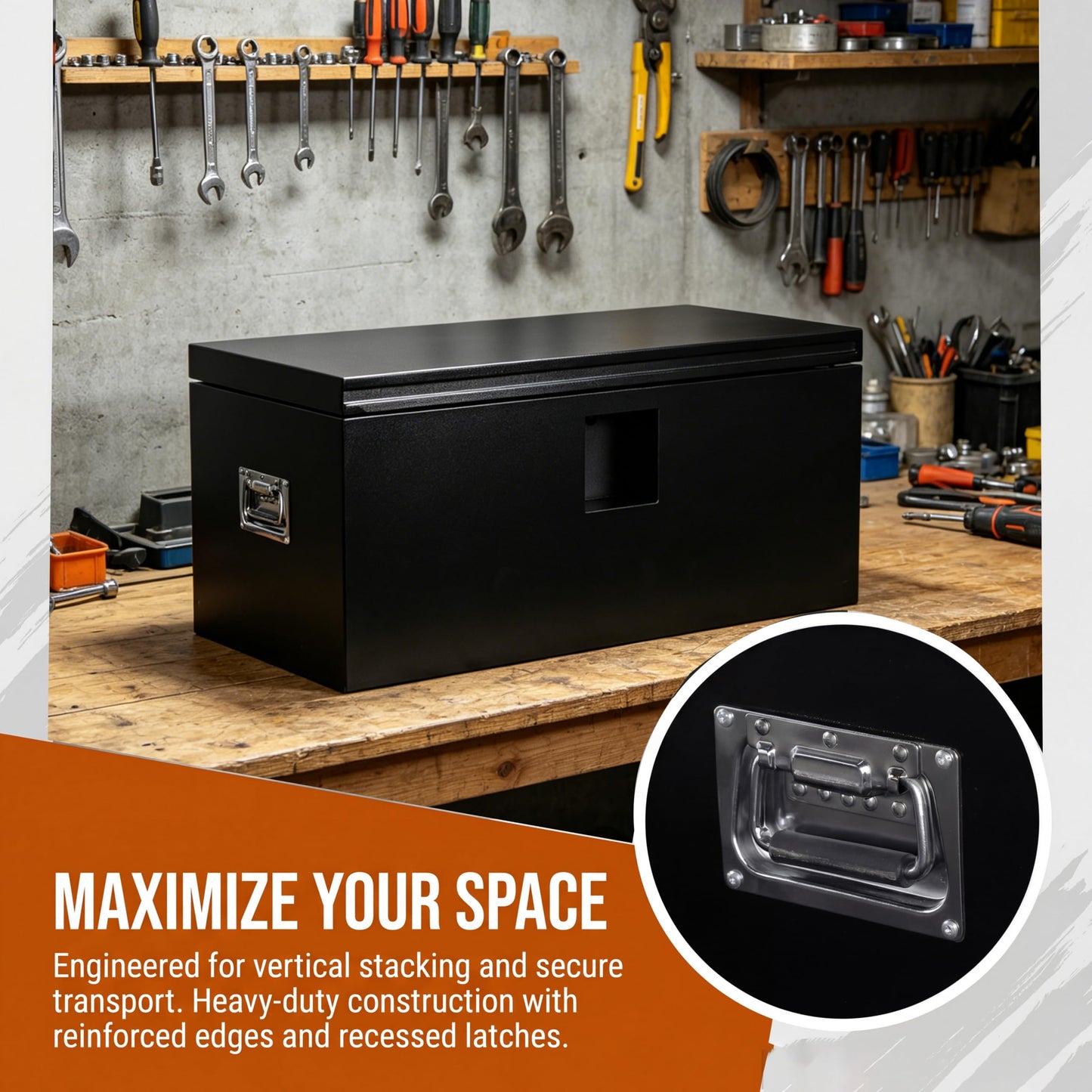 YRCHOFQU Heavy Duty Black Steel Truck Bed Tool Box, Trailer Tongue Storage Chest with Weatherproof Seal & Pneumatic Hinge for Pickup, RV, Utility Vehicles - 24 x 15 x 15