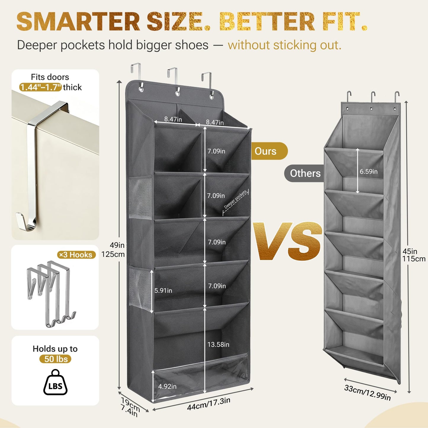 HOMELUX THEORY Hanging Shoe Organizer for Closet, 6 Tier Over the Door Shoe Organizer 120D Extra Thick with Deep Pockets, Shoe Rack for Closet & Entryway, with 4 Side Storage Pockets (Transparent)