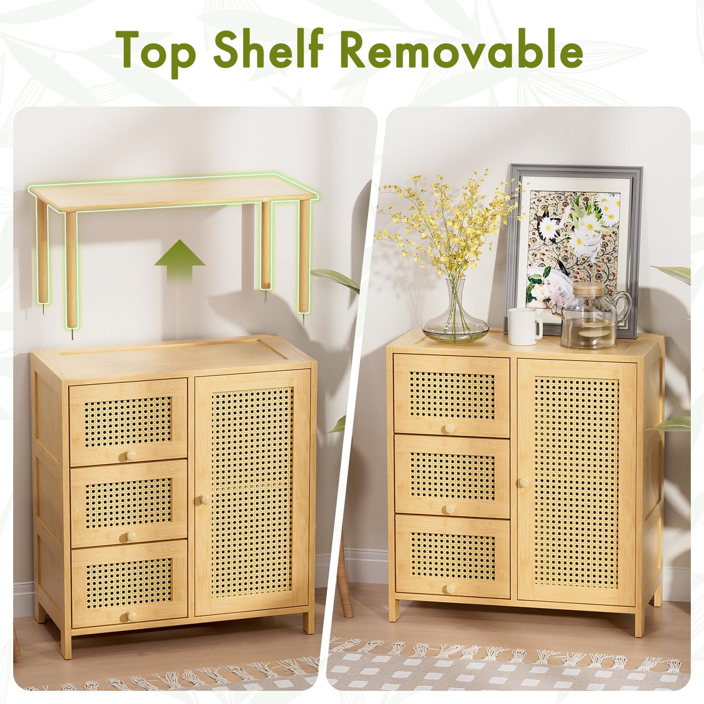 Amazer Sideboard Buffet Cabinet with Storage, Bamboo Storage Cabinets, Rattan Sideboard with Adjustable Shelf, Pantry Cupboard for Kitchen Living Room Entry Coffee Bar, Natural Color