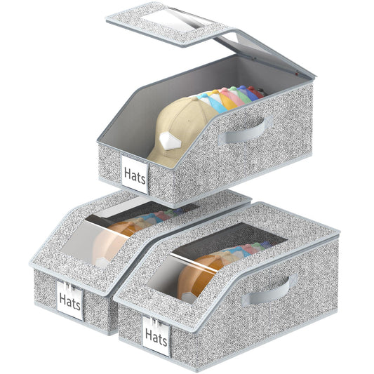 3 Pack Stackable Hat Organizer for Baseball Caps, Hat Storage with Clear Window Lid, Holds up to 45 Ball Cap Storage Organizer, Foldable Hat Box Holder with Cardboard, for Closet Bedroom Shelf(Grey)