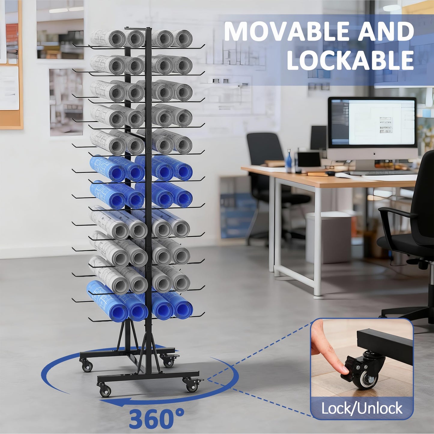 Rolling Large Blueprint Holder, 22 Tier Blueprint Storage Rack, Metal Vinyl Roll Storage Rack, Construction Plan Holder, Gift Wrapping Paper Organizer, Blue Print Display for Drawing, Artwork, Map