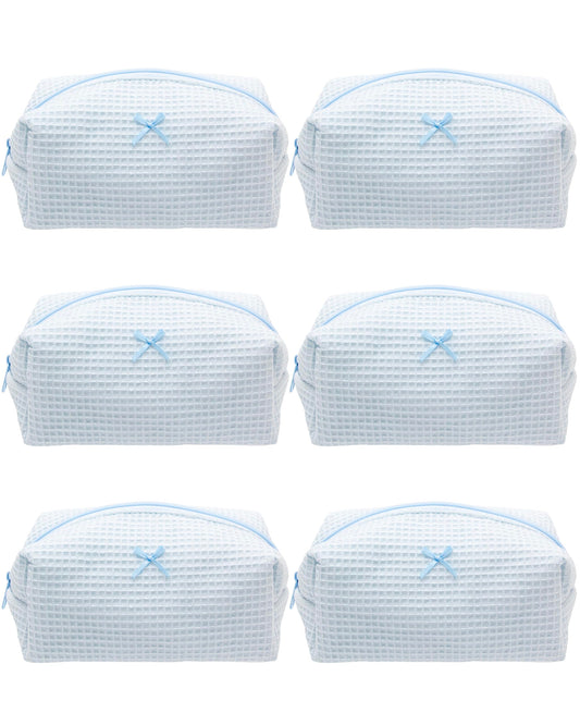 PAZIMIIK 6PCS Cozy Makeup Bag Travel Cosmetic Bag for Women Soft Toiletry Bag Aesthetic Makeup Organizer Portable Large Zipper Pouch for Skincare Beauty Accessories Brushes Waffle Check Blue