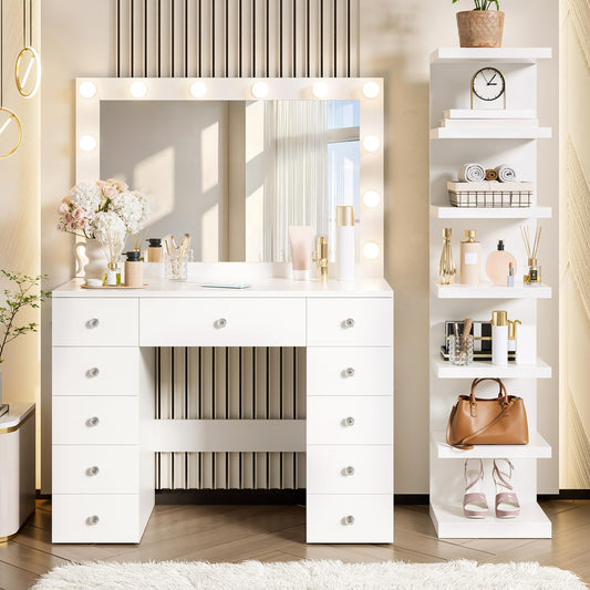 GDFStudio 43.3" Vanity Desk with 11 Bulbs & 7-Tier Storage Shelves, Makeup Vanity Table with Power Outlet, 11 Drawers, Adjustable 3-Color LED Lighting, Crystal Handles, Large White Dressing Table