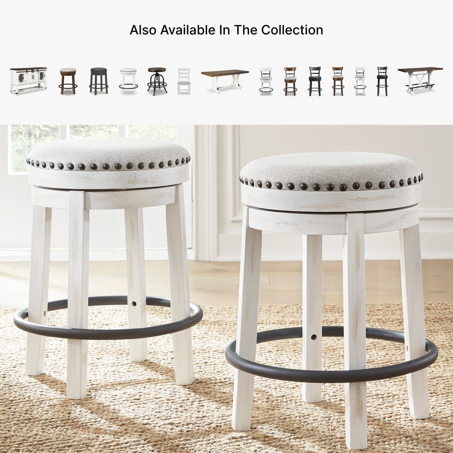 Signature Design by Ashley Valebeck Casual Upholstered Swivel Stool, Round Metal Footrest, Nailhead Trim Detail, Wood, 24", White & Black