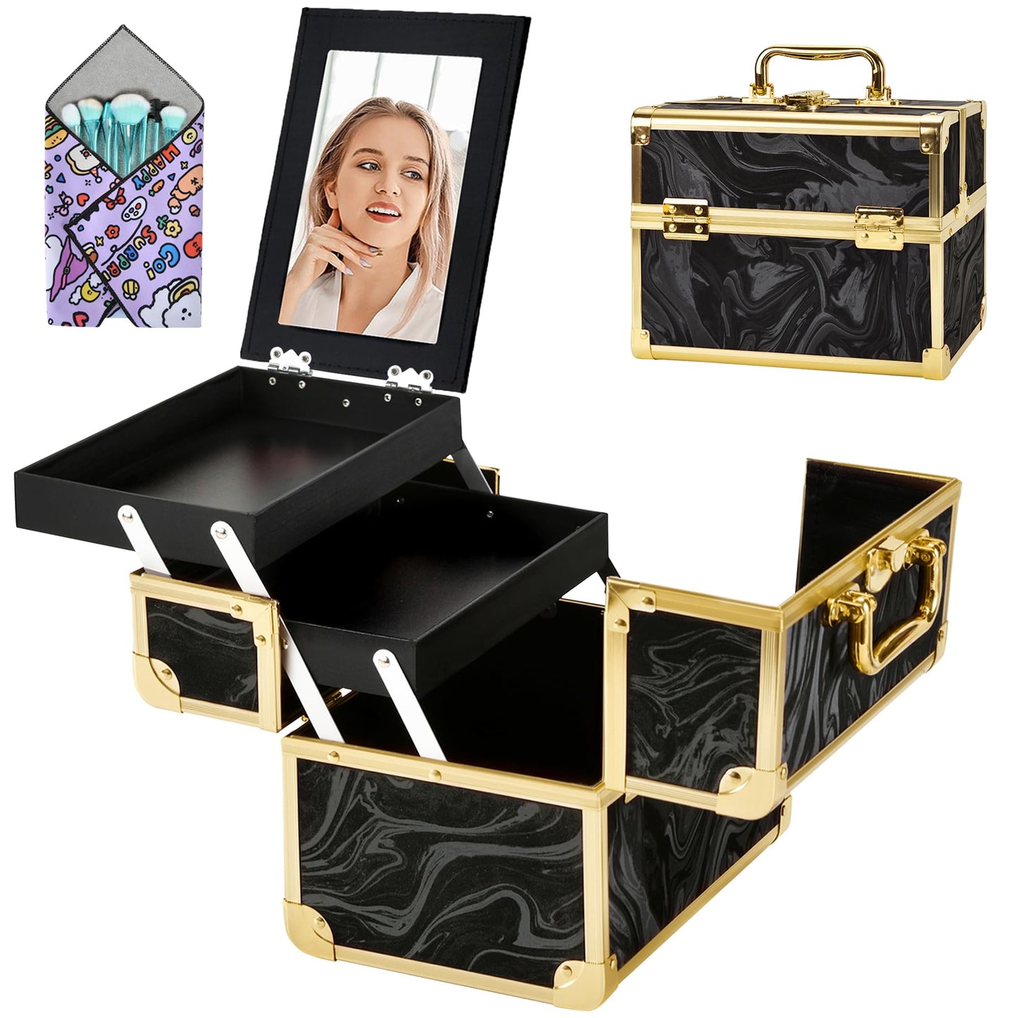 GALHUBIS Makeup Train Case, Portable Makeup Case with Mirror, 2-Trays Cosmetic Organizer Case,Nail Polish Organizer, Travel Makeup Box, Profesional for Salon Barber, Black Gold