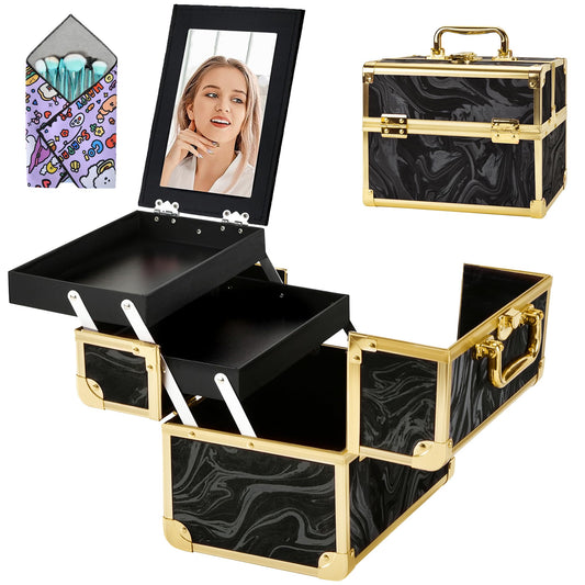 GALHUBIS Makeup Train Case, Portable Makeup Case with Mirror, 2-Trays Cosmetic Organizer Case,Nail Polish Organizer, Travel Makeup Box, Profesional for Salon Barber, Black Gold