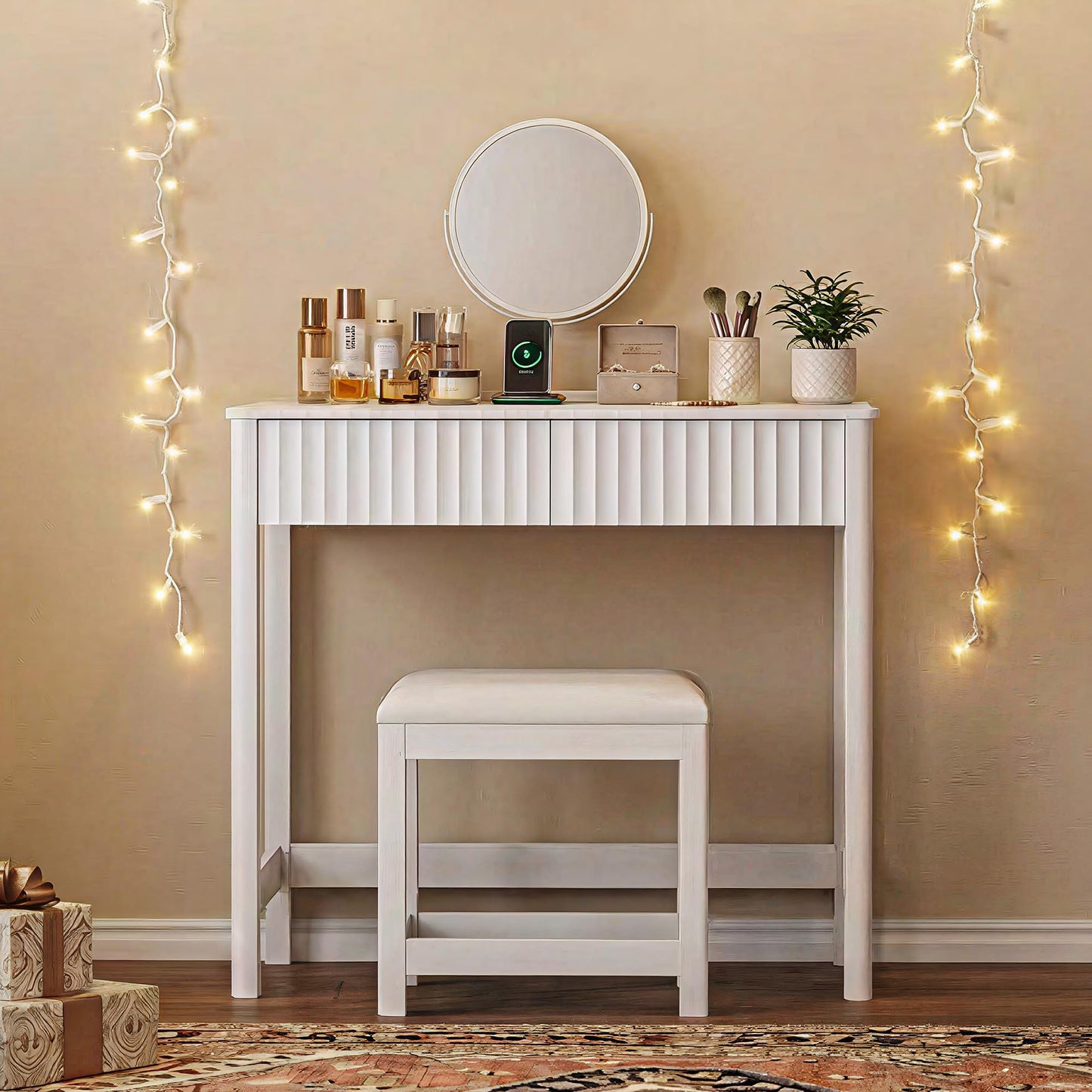 ChooChoo 40 Inch Modern Desk with Drawers, Makeup Vanity Desk with Padded Stool, Small Home Office Desk for Bedroom, White