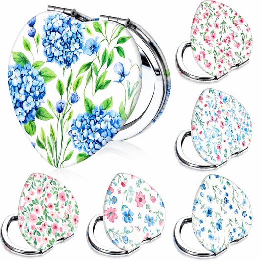 Chunful 6 Pcs Floral Compact Mirror for Women Heard Shape Tea Party Favors for Girls Small Flower Coquette Pocket Mirror Leather Double Sided 1x/2x Magnifying Vintage Travel Makeup Favors