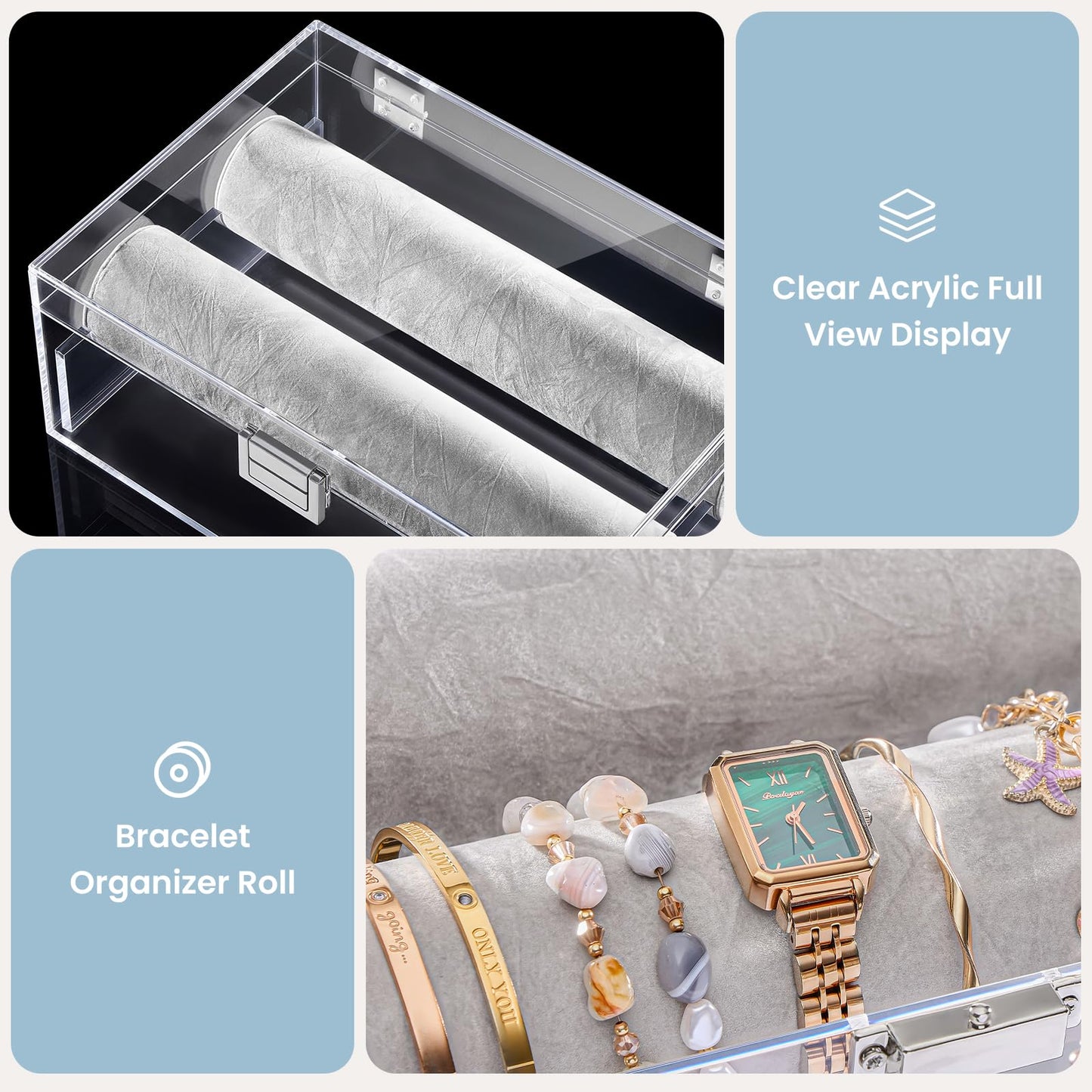 Lolalet Acrylic Bracelet Organizer Box, Clear Jewelry Display Holder for Bangles Watches, Jewellery Accessories Storage Case for Women -No Drawer