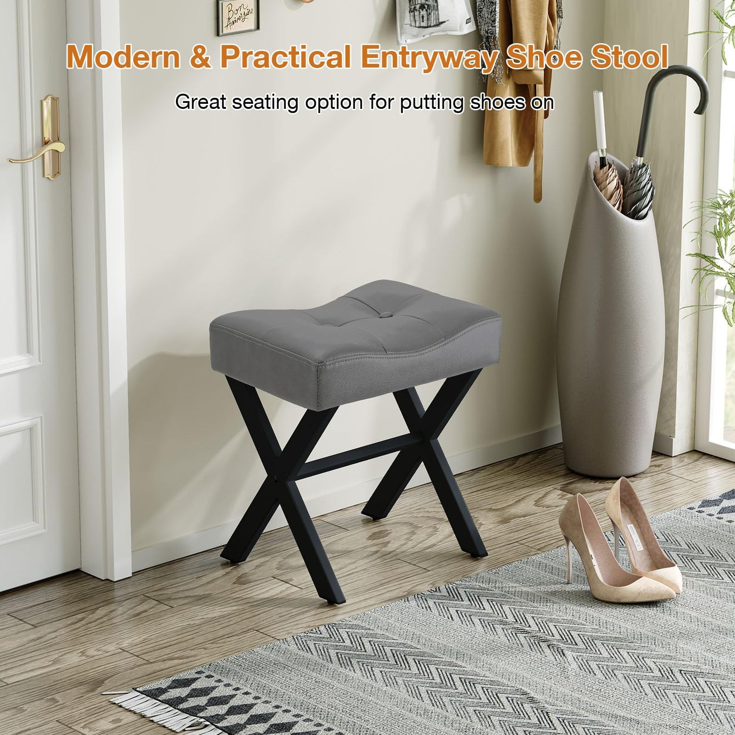 Memobarco 18-Inch Leather Vanity Stool Chair, Vanity Bench with Metal X-Leg, Ottoman Accent Stool with Thick Padded Saddle Seat, Gray