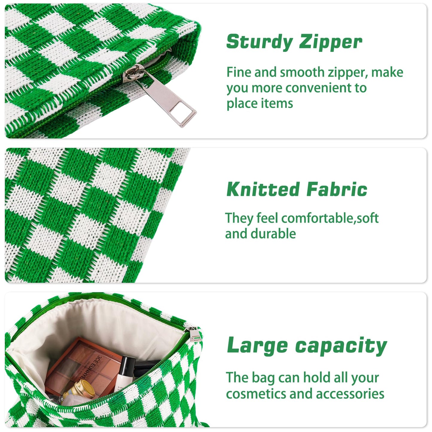 ZLFSRQ 3Pcs Checkered Makeup Bag for Women Large Small Checkered Cosmetic Bag Set Aesthetic Preppy Pencil Case Cute Pencil Pouch Green Makeup Pouch for Purse Travel Toiletry Bags Zipper Skincare Bags