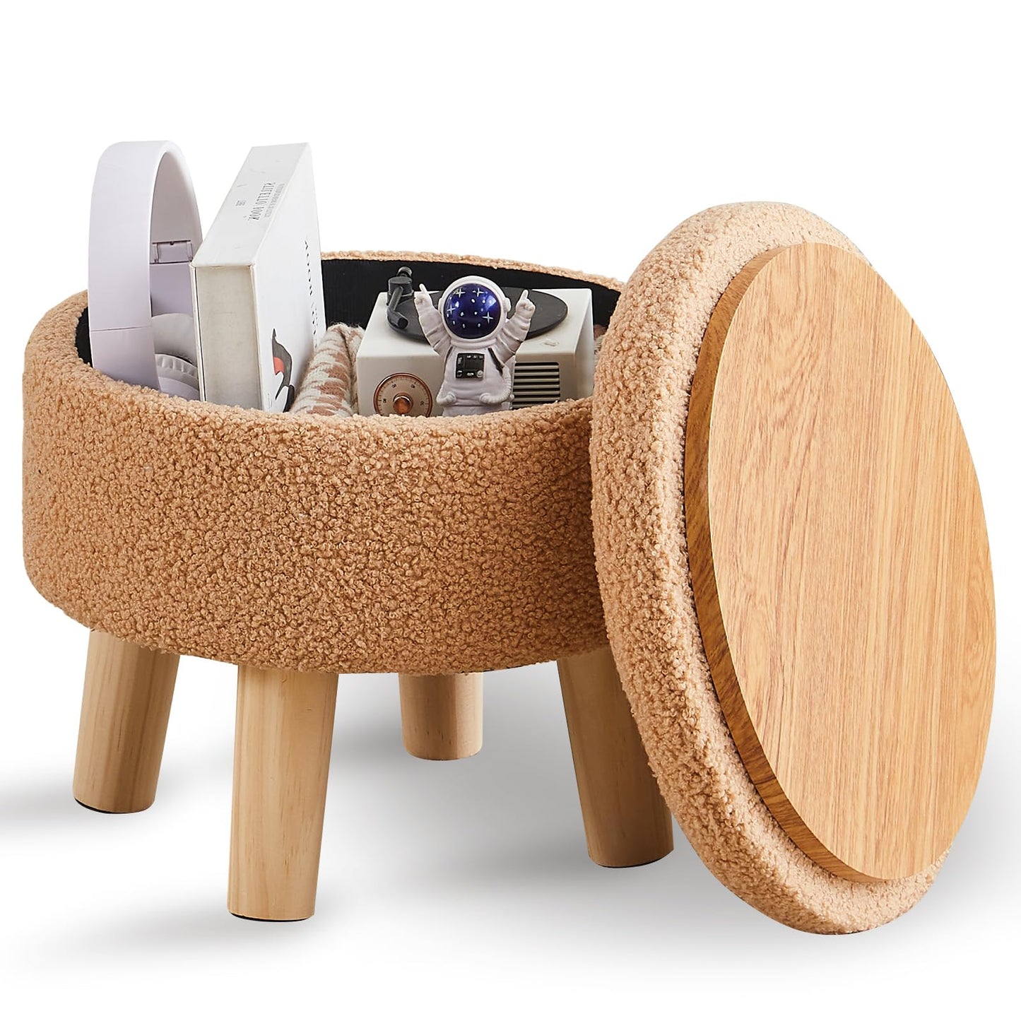 Wimarsbon Storage Ottoman, Modern Round Footrest with Soft Padded Seat, Teddy Velvet Footstool with Wood Legs, Accent Small Table or Plant Stand for Hallway, Living Room (Champagne)
