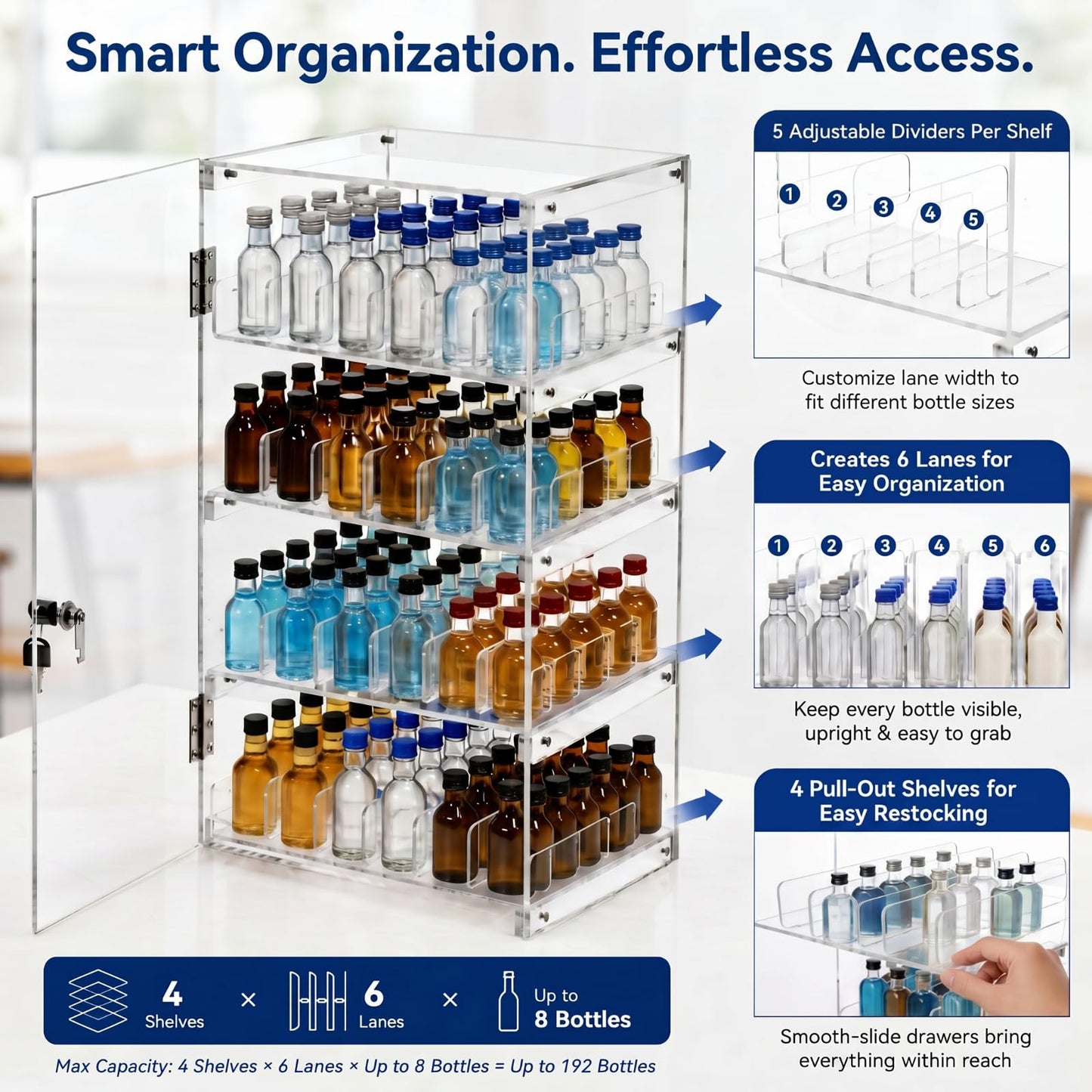 Cinnvoice Mini Liquor 50ml Bottles Retail Display Case with Lock, 12 x 12 x 24 in Clear Acrylic Countertop Rack, Adjustable Dividers Holders, Holds 192 Nips