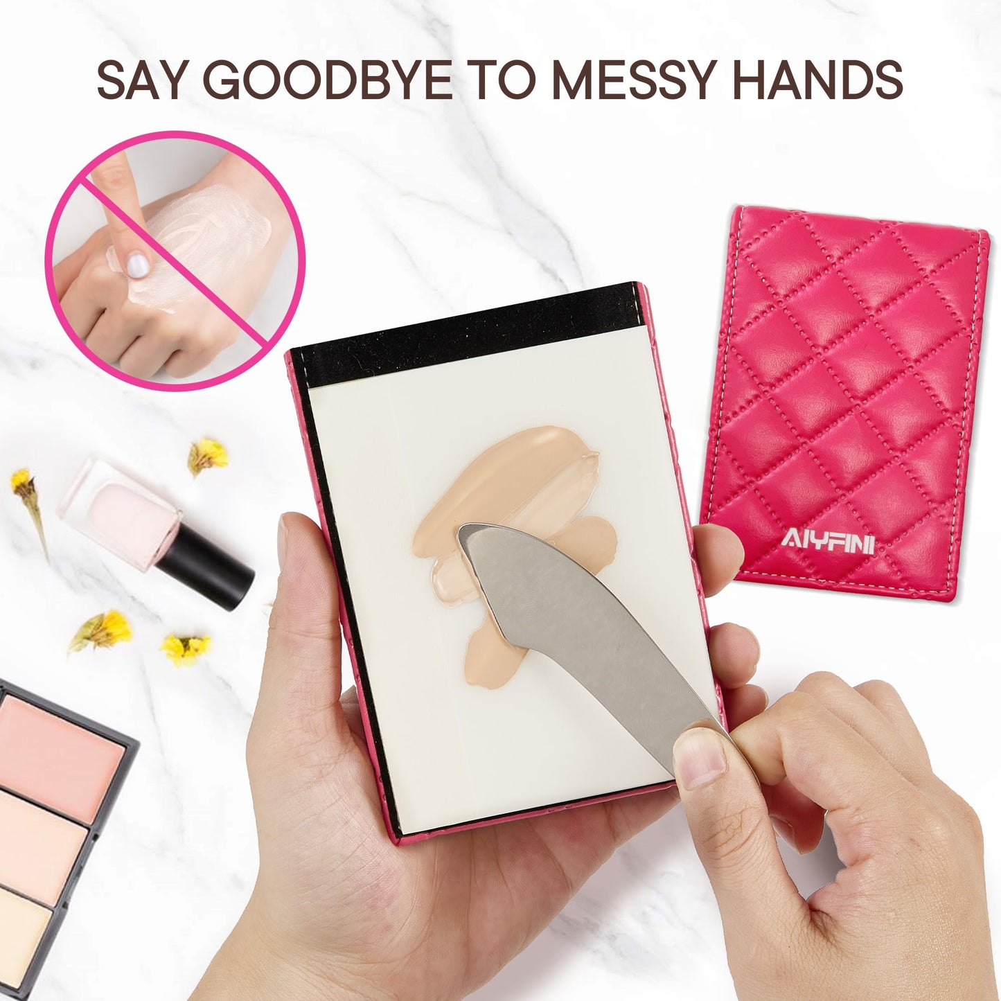 Alyfini Pocket Makeup Palette Mirror for Purse - 100 Disposable Sheets & Spatula, Small Travel Toiletry Essentials, Handheld Foundation/Lip/Nail Color Mixing Tray, Makeup Artist and Enthusiasts Gift