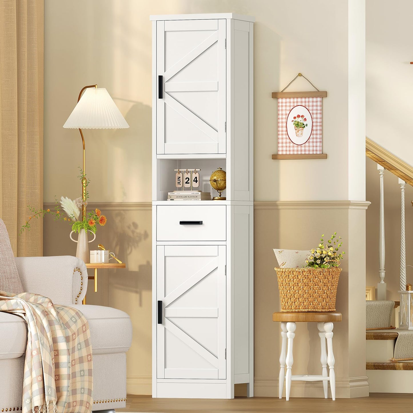 TEENFON 67" H Bathroom Storage Cabinet with Barn Doors & Adjustable Shelves, Bathroom Cabinet with Drawer, Narrow Bathroom Storage Unit, Floor Cabinets for Living Room, Kitchen, White