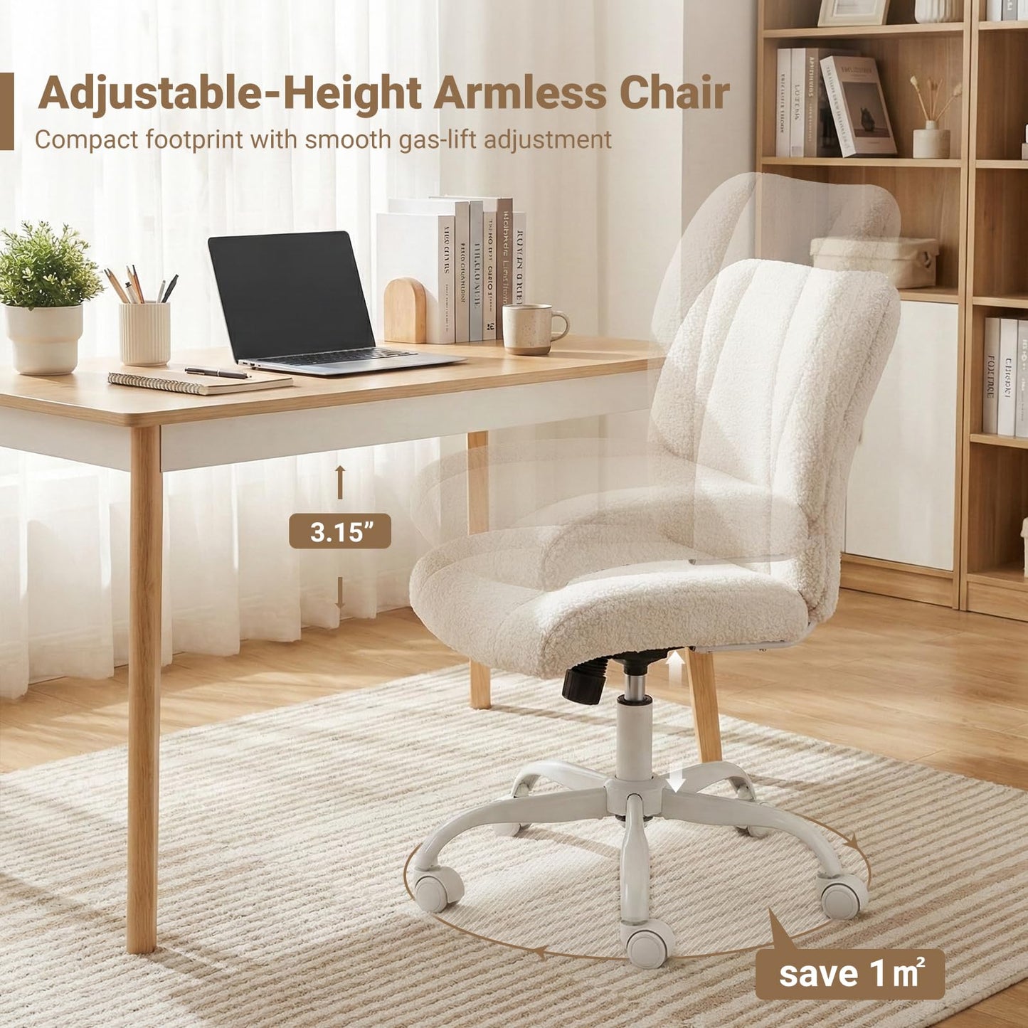 KRAMZMING Vanity Chair with Wheels, Armless Office Chair Height Adjustable, Cute Desk Chair with Soft Lumbar Support for Small Space, Bedroom, Make-up Room, White