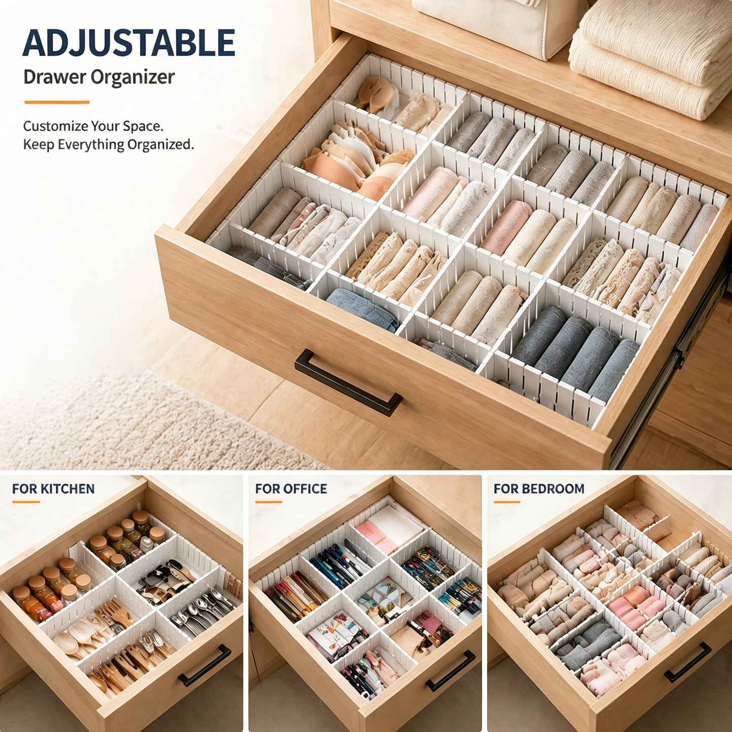 Bofoho Drawer Divider Adjustable Diy Storage Organizer Separator for Tidying Clutter Cutlery Makeup Clothes of Dresses, Desk & Box in Kitchen Bathroom Bedroom Office (Cut at Will) (White 32PCS)