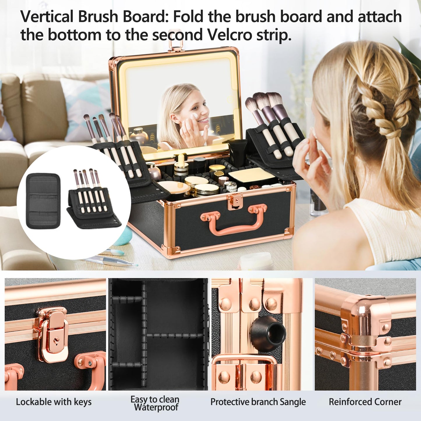 GALHUBIS Makeup Case with Lighted Mirror, Makeup Box Organizer with Detachable LED Mirror, Travel Makeup Train Case, Waterproof Cosmetic Organizer, Standing Makeup Brush Holder, Gift, Black Gold