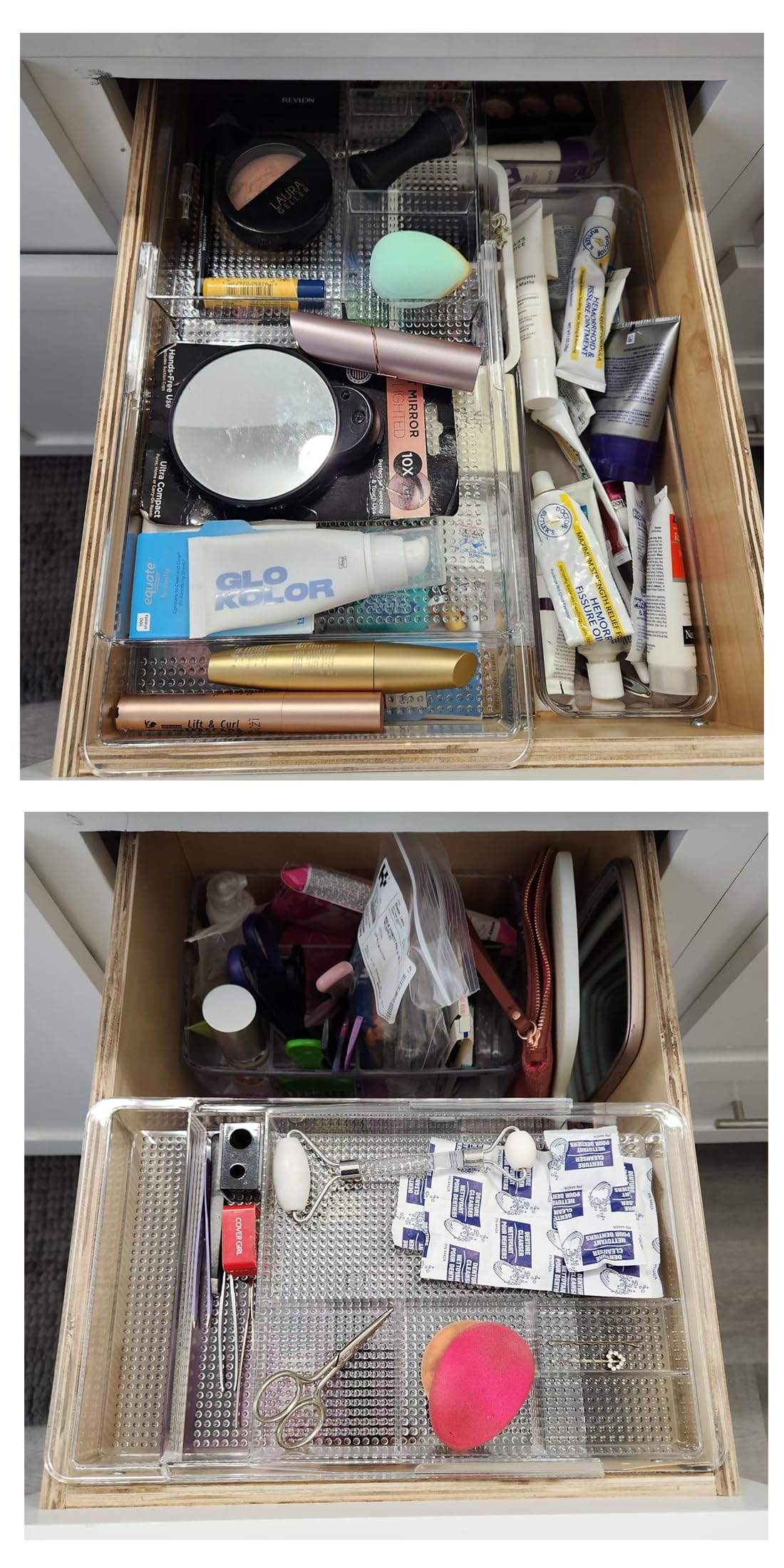 Oubonun Expandable Drawer Organizer 11.1” to 19.2” Width, Shallow Cosmetic Organizer 1.3” Height, 2 Packs, Clear Plastic Storage Trays for Dressing Table,Bathroom