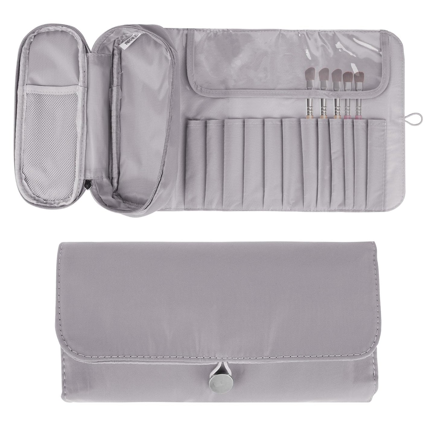 LUEXBOX Portable Folding Makeup Brush Bag, Multifunctional Cosmetics Rolling Storage Case Makeup Brush Holder for Travel, Makeup Brush Organizer Bag (Grey)