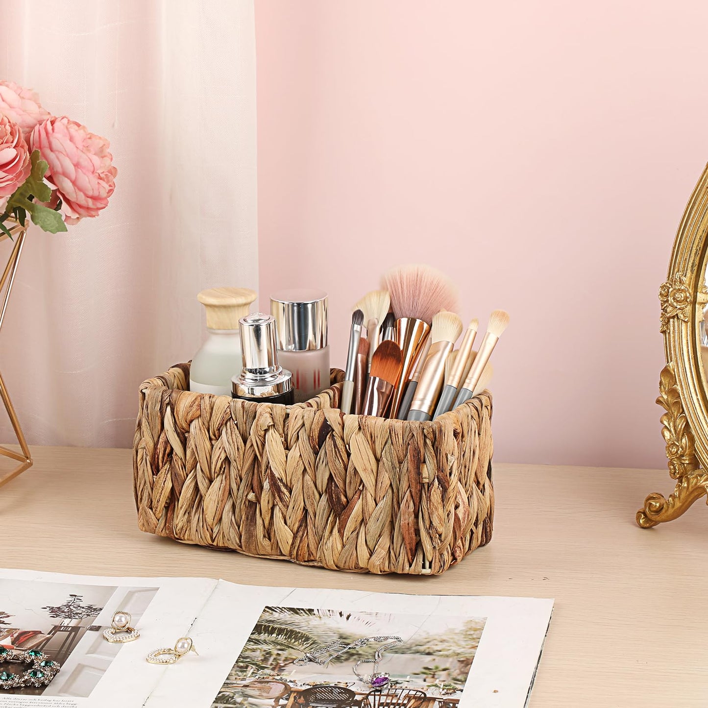 BTSKY Handwoven Remote Control Holder for Table, Natural Water Hyacinth Remote Organizer Caddy Small Wicker Storage Basket, 2-Compartment Office Supplies Desk Organizer Rustic Makeup Brushes Holder