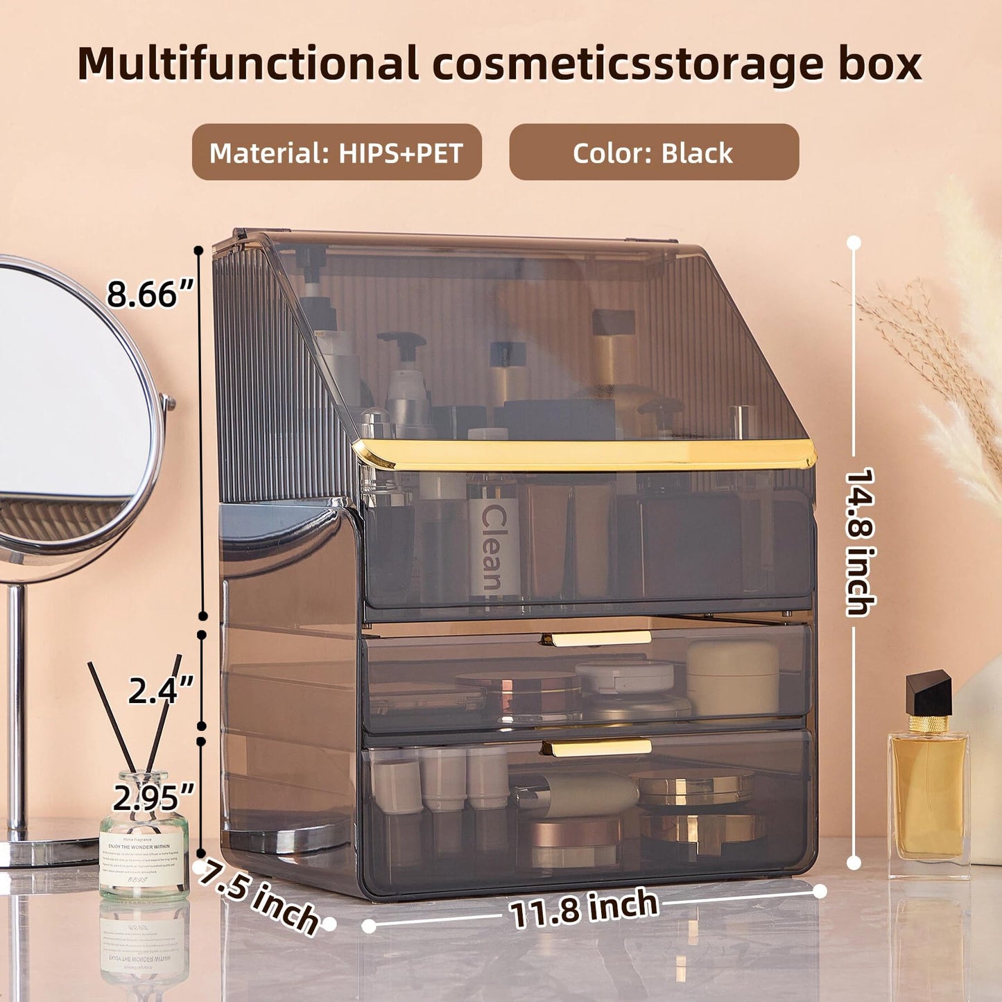 Large 3-Tier Makeup Organizer with Drawers and Lipstick Holder, Dustproof Waterproof Skincare Storage Box for Bathroom Countertop, Vanity Cosmetic Organizer,Clear Black