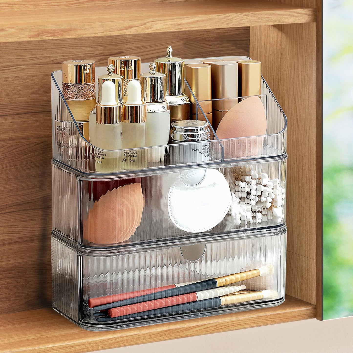 MEAJIO Medicine Cabinet Organizer 3 Tier, Stackable Bathroom Mirror Cabinet Storage，Small Makeup Organizers with 2 Drawer and 1 Tray for Wall Cabinet， Closet， Vanity, Countertop, Clear
