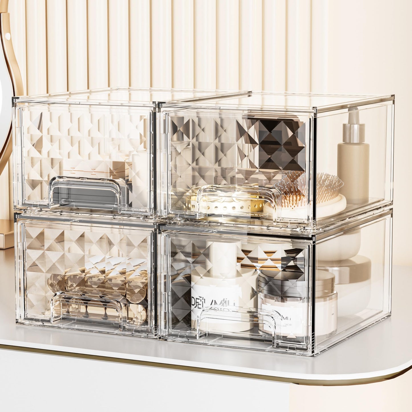 Delamu Stackable Storage Drawers, Makeup, Baby Bottle and Bathroom Cabinet Organizer, Plastic Drawer Organizer for Undersink, Cabinet, Vanity, Kitchen, Pantry, Ideal Gifts for Women, Clear, 4 Pack