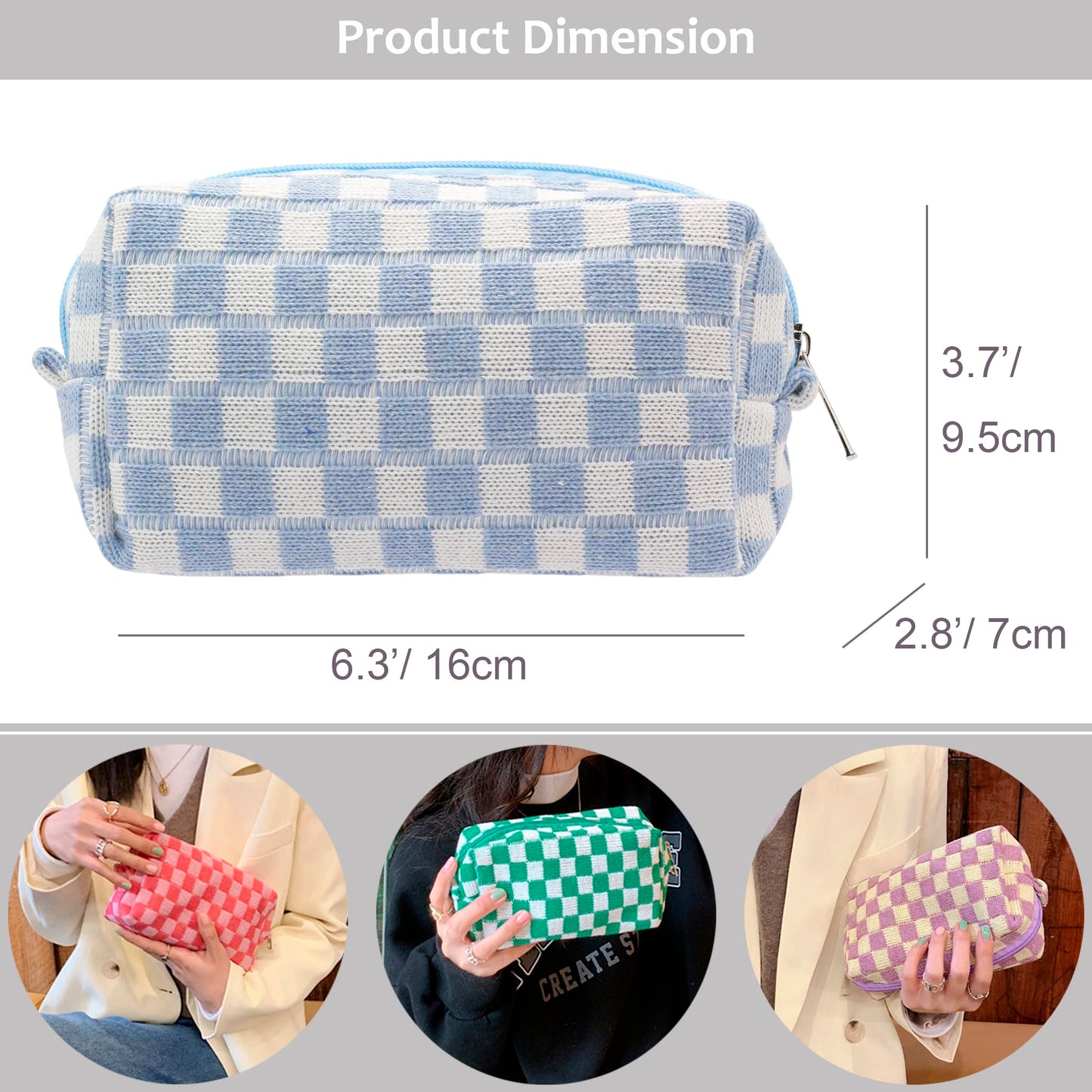 PAZIMIIK Checkered Makeup Bag for Purse Portable Zipper Make Up Pouch Small Cosmetic Case for Travel Accessories (6PCS Blue)