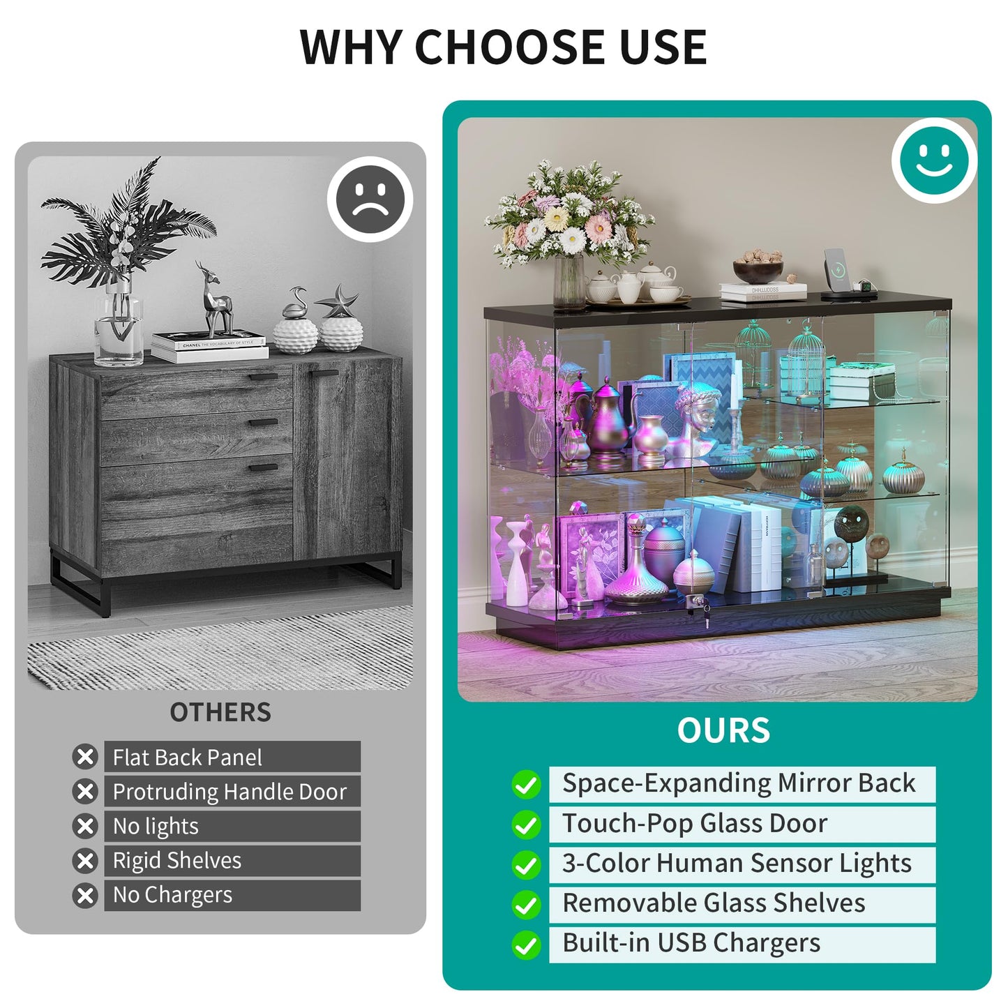 HNEBC 47.2" W Display Cabinet - with Lockable Glass Door,5-Tier Glass Display Case with 12 Lights Modes for Collectibles,Lighted Cuiro Cabinet with Human Sensor,China Cabinet,Living Room,Black