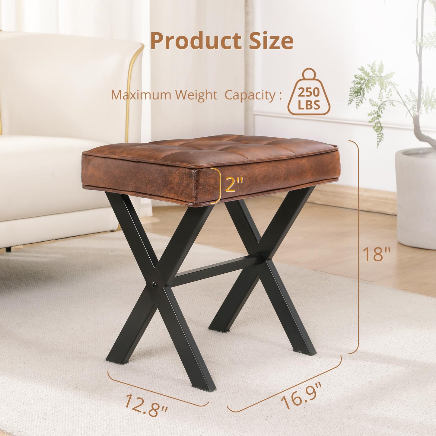 LUE BONA Vanity Stool, Square Faux Leather Makeup Stool with Metal X Legs, Small Ottoman Stool Chair for Vanity, Modern Padded Vanity Seat Foot Rest Stool for Makeup Room, Living Room, Reddish Brown