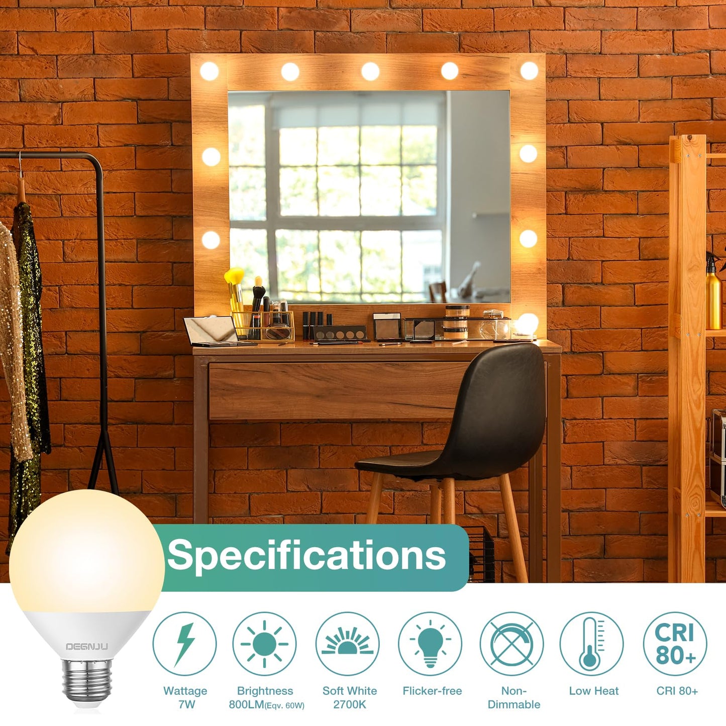 DEGNJU LED Vanity Light Bulbs, 60W Equivalent, Bathroom Light Bulbs 2700K Soft White, 800 Lumens, G25 Globe Bulb for Makeup Mirror, Round Shape, 7W, 120V, Non-Dimmable, 10 Pack
