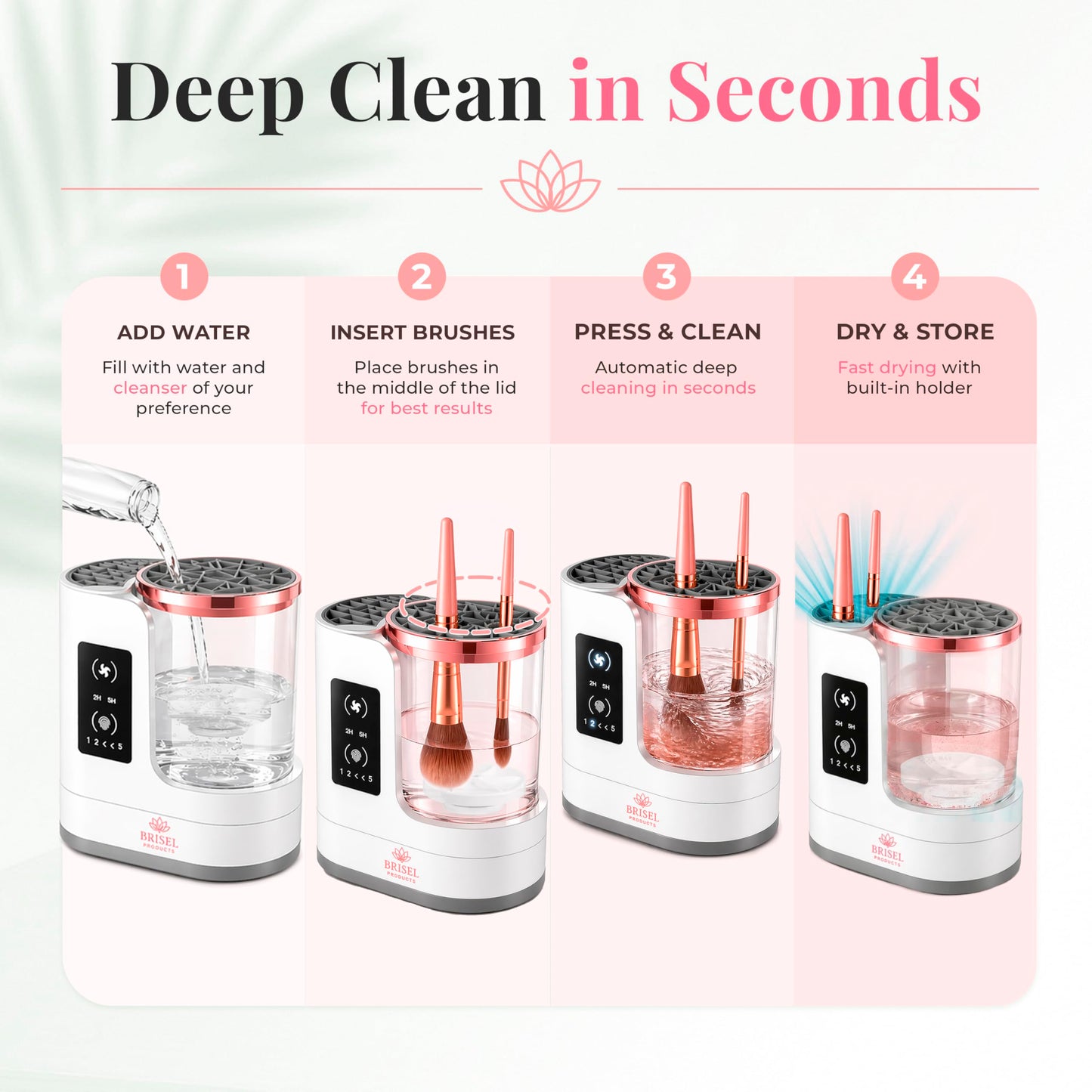 BRISEL 3-in-1 Makeup Brush Cleaner Machine & Dryer Electric Automatic Washer, Deep Clean & Dry in Minutes, USB Powered with LED, Fits All Brush Sizes, White & Rose Gold