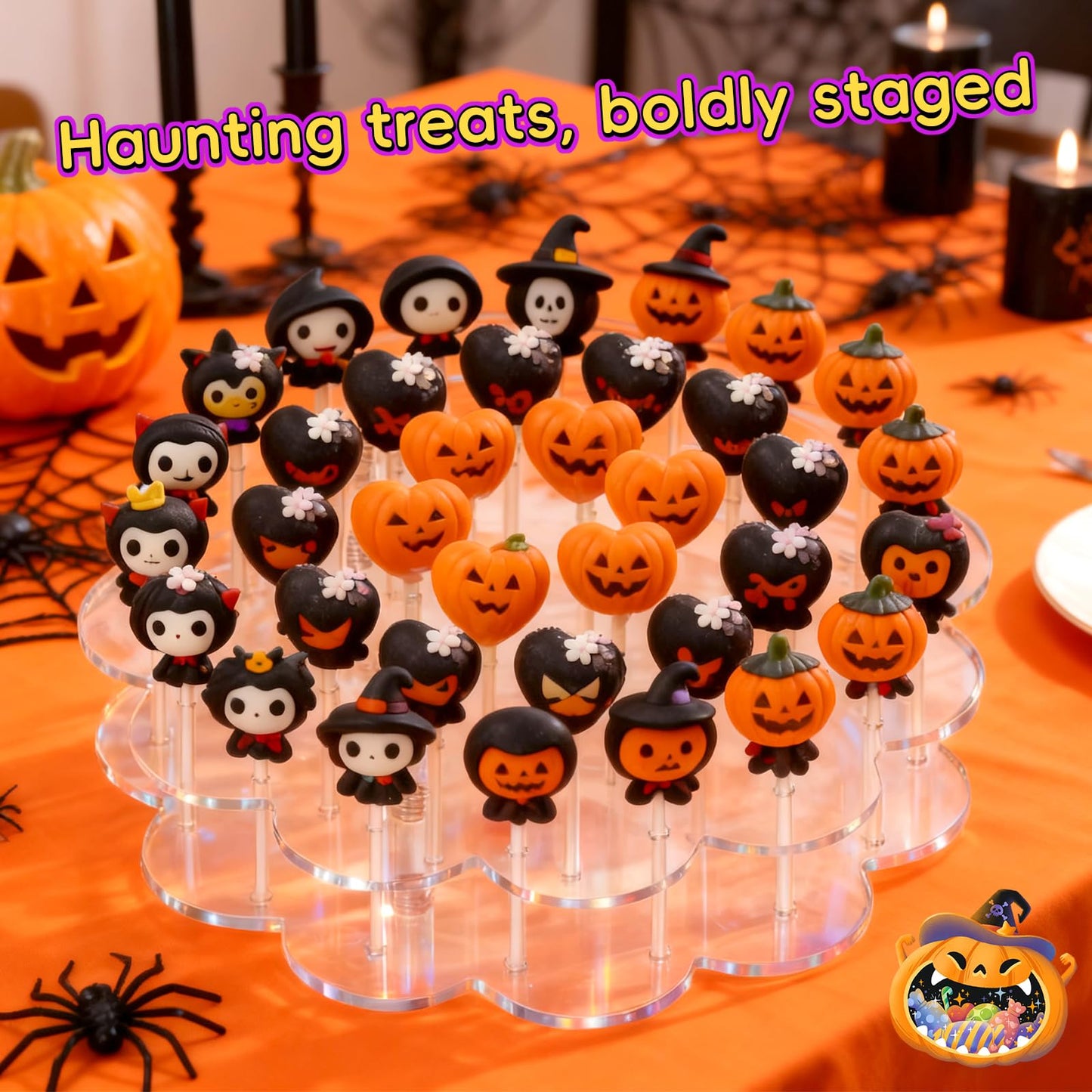 Flower Shape Acrylic Lollipop Stand 36 Holes, Cake Pop Holder with 100 Sticks, 100 Wrappers, 100 Gold Twist Ties, Clear Candy Dessert Display Rack for Christmas Weddings, Birthdays, Baby Showers