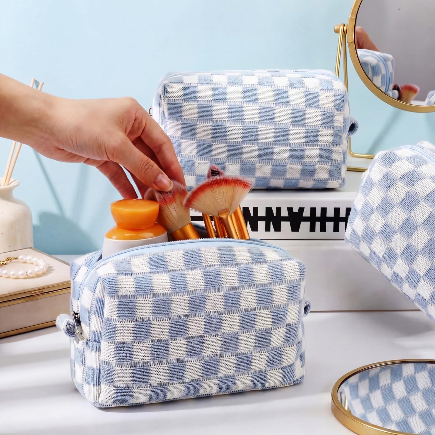 Gilprop 8 Pcs Checkered Makeup Bag for Purse Small Cosmetic Pouch Bulk Portable Zipper Makeup Pouch Travel Toiletry Organizer Gifts for Women Bridesmaid Wedding Party Favors (Blue)