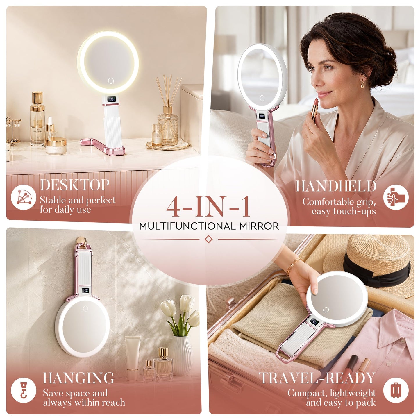MIYADIVA Travel Makeup Mirror with Lights, Height Adjustable 30X/1X Double-Sided Magnifying Mirror, Portable Foldable Vanity Mirror with Digital Display & Phone Holder, Handheld Tabletop Hanging