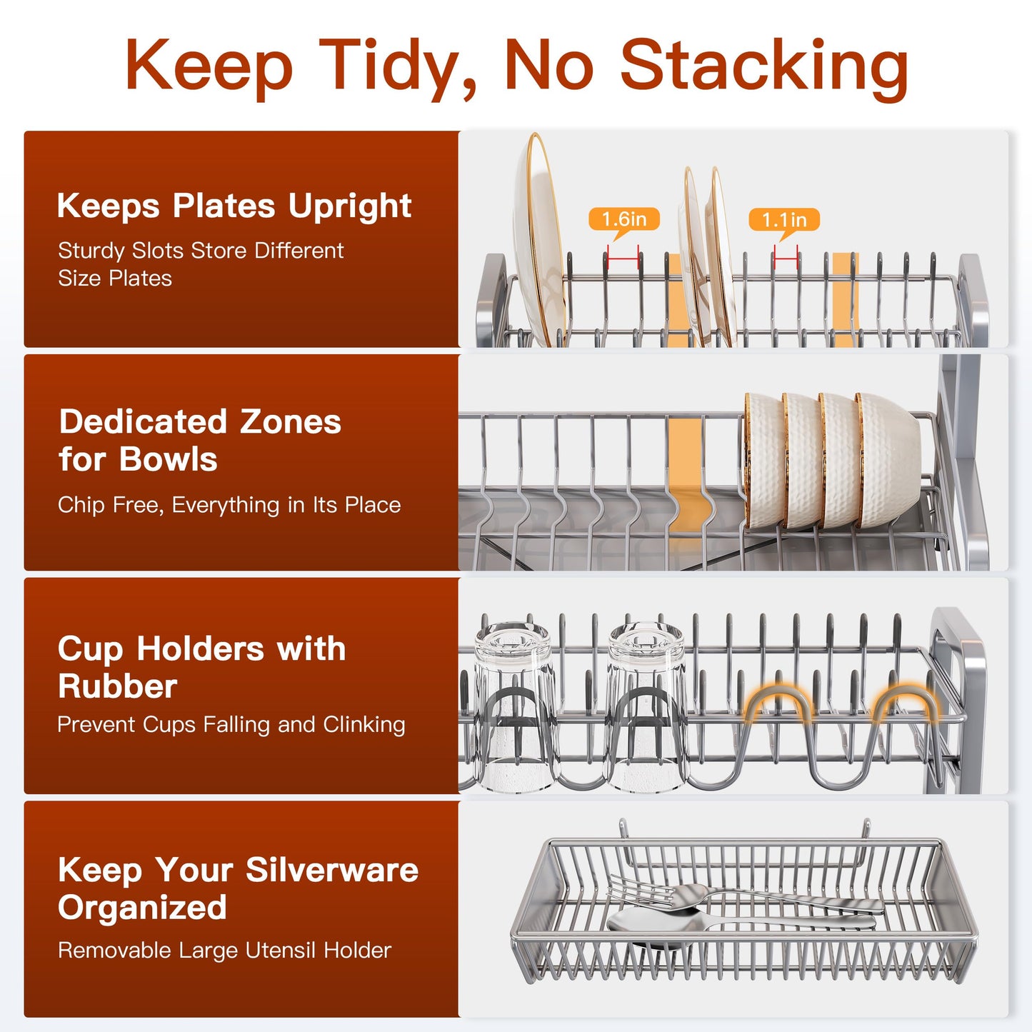 BOOSINY 2 Tier Dish Drainer Drying Rack for Kitchen Counter, Large Stainless Steel Dish Dryer with Drainboard, Big Rustproof Metal Space Saving Countertop Plate Strainer with Utensil Holder, Sliver