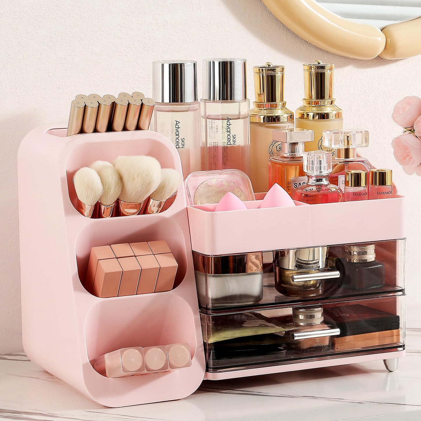 Aveniee Makeup Organizer with Drawers, Vanity Organizer for Bathroom Countertop, Large Cosmetics Skincare Display Case Desk Storage for Perfume Jewelry Lipsticks (Pink)