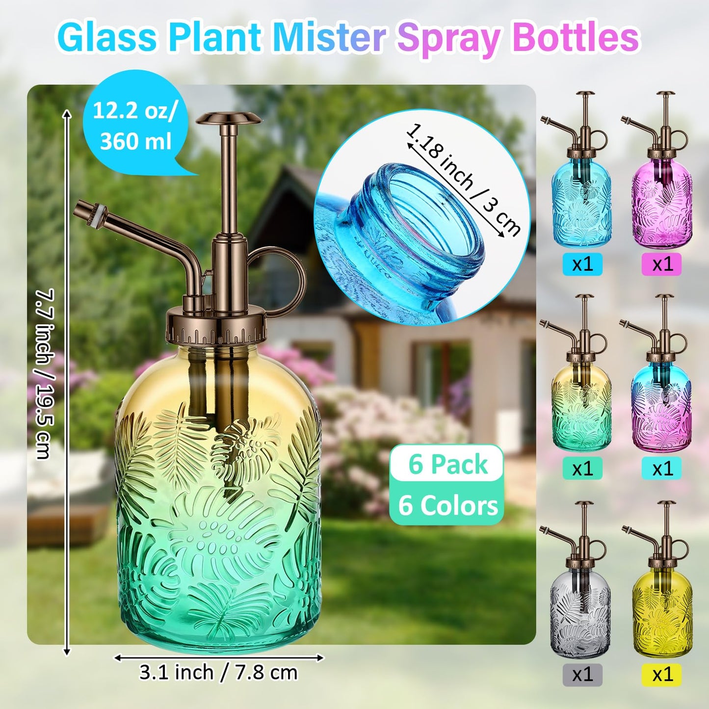 Sliner 6 Pack Glass Plant Mister Spray Bottles 7.7" Tall Glass Water Spray Bottle 12.2 oz Hand Pump Sprayer Fine Mist Watering Can with One Hand Top Pump for Indoor & Outdoor Houseplants (Bronze)
