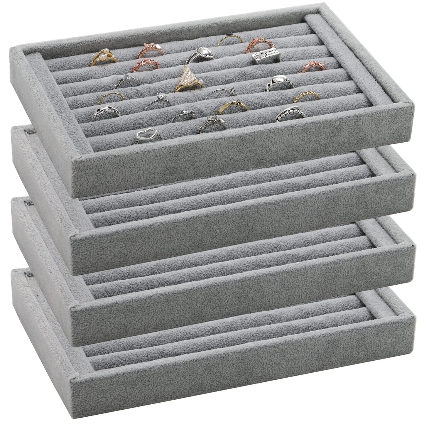Foraineam 4 Pack Velvet 7 Slots Ring Earrings Trays Showcase Display Holder Drawer Insert Jewelry Storage Organizer